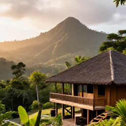 Caribbean Holidays, Dominica Birdwatching, A peaceful eco-lodge surrounded by rainforest in Dominica, with a veranda overlooking green hills at sunrise