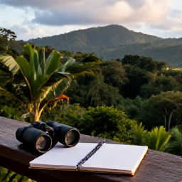 Caribbean Holidays, Dominica Birdwatching, A relaxed Caribbean evening on a Dominica veranda, binoculars resting beside a notebook, with forested hills in the distance