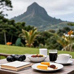 Caribbean Holidays, Dominica Birdwatching, A relaxed outdoor breakfast near a rainforest lodge in Dominica, with binoculars, field guides and tropical hills beyond
