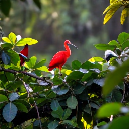 Caribbean Holidays, Dominica Birdwatching, A scarlet ibis and other tropical birds perched in lush rainforest in Dominica during early morning light