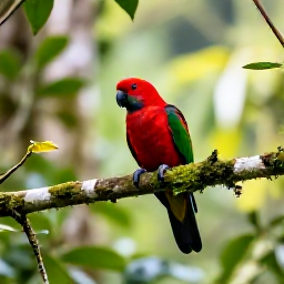 Caribbean Holidays, Dominica Birdwatching, A scarlet sisserou parrot perched on a mossy branch in Dominica's rainforest, with soft morning light and lush green foliage