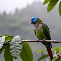Caribbean Holidays, Dominica Birdwatching, A Sisserou parrot in Dominica's rainforest canopy, surrounded by broad green leaves and misty mountain forest
