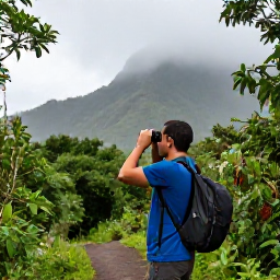 Caribbean Holidays, Dominica Birdwatching, Birdwatcher using binoculars on a rainforest trail in Dominica with misty mountains behind