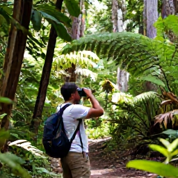 Caribbean Holidays, Dominica Birdwatching, Birdwatcher with binoculars on a shaded Dominica rainforest trail, with ferns and towering trees