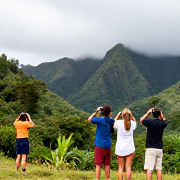 Caribbean Holidays, Dominica Birdwatching, Birdwatchers using binoculars beside a rainforest valley and misty green mountains in Dominica