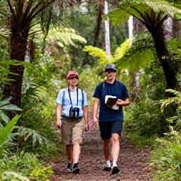 Caribbean Holidays, Dominica Birdwatching, Birdwatchers walking along a shaded rainforest trail in Dominica, carrying binoculars and field guides among ferns and tropical trees