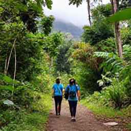 Caribbean Holidays, Dominica Birdwatching, Birdwatchers walking along a shaded rainforest trail in Dominica with binoculars, tropical vegetation and misty mountains