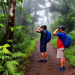 Caribbean Holidays, Dominica Birdwatching, Birdwatchers with binoculars beside a misty rainforest trail in Morne Diablotin National Park, Dominica