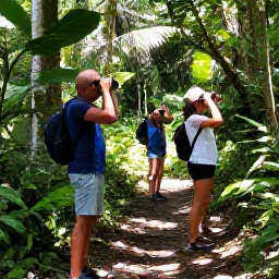 Caribbean Holidays, Dominica Birdwatching, Birdwatchers with binoculars on a shaded trail in Morne Diablotin National Park, Dominica