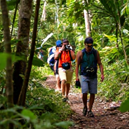 Caribbean Holidays, Dominica Birdwatching, Birdwatchers with binoculars walking along a rainforest trail in Dominica during a bright, humid August morning