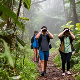 Caribbean Holidays, Dominica Birdwatching, Birdwatchers with binoculars walking through a misty rainforest trail in Dominica