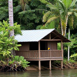 Caribbean Holidays, Dominica Birdwatching, Calm Dominica river valley with tropical trees, bright birds and a quiet viewing hide