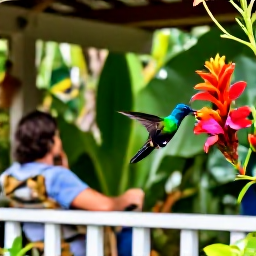 Caribbean Holidays, Dominica Birdwatching, Colourful hummingbird feeding near tropical flowers in a Dominica garden, with a relaxed birdwatcher observing from a shaded terrace
