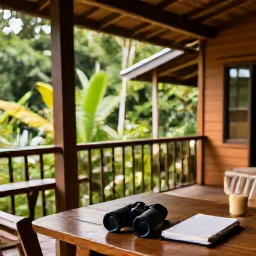 Caribbean Holidays, Dominica Birdwatching, Comfortable eco-lodge surrounded by tropical forest in Dominica, with binoculars and a notebook on a veranda