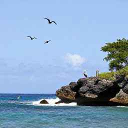 Caribbean Holidays, Dominica Birdwatching, Dominica&rsquo;s rugged coast with brown pelicans and frigatebirds flying above the Caribbean Sea in February sunshine