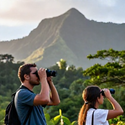 Caribbean Holidays, Dominica Birdwatching, Friendly birdwatching travellers enjoying a peaceful March morning in Dominica, with binoculars, tropical scenery and forest-covered mountains in the background