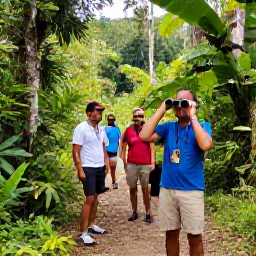 Caribbean Holidays, Dominica Birdwatching, Friendly local birdwatching guide and visitors beside a Dominica rainforest trail in January, with binoculars and tropical scenery