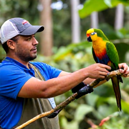 Caribbean Holidays, Dominica Birdwatching, Friendly local birdwatching guide showing visitors a colourful parrot in Dominica rainforest, natural and authentic travel scene