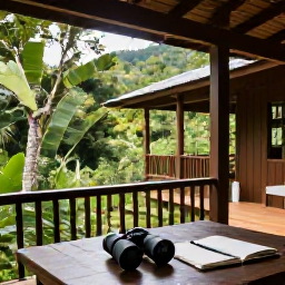 Caribbean Holidays, Dominica Birdwatching, Peaceful Dominica nature lodge surrounded by rainforest, with binoculars and notebook on a veranda