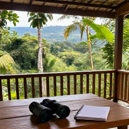 Caribbean Holidays, Dominica Birdwatching, Peaceful Dominica rainforest lodge veranda with binoculars, notebook and tropical forest beyond