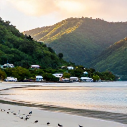 Caribbean Holidays, Dominica Birdwatching, Quiet Dominica coastline with seabirds, green hills and a small fishing village under soft morning light