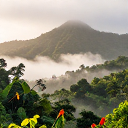 Caribbean Holidays, Dominica Birdwatching, Roseau Valley rainforest in Dominica at dawn, with misty green mountains and colourful tropical birds in the trees