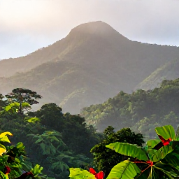 Caribbean Holidays, Dominica Birdwatching, Roseau Valley rainforest in Dominica at sunrise, with misty green mountains and colourful tropical birds in the trees
