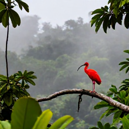Caribbean Holidays, Dominica Birdwatching, Scarlet ibis and tropical birds in lush Dominica rainforest during early morning mist