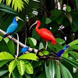 Caribbean Holidays, Dominica Birdwatching, Scarlet ibis, parrots and tropical forest birds perched among lush green foliage in Dominica