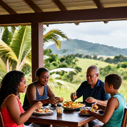 Caribbean Holidays, Dominica Culture Holidays, Friendly visitors sharing an authentic meal with a Dominican family on a veranda overlooking lush tropical scenery