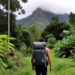 Caribbean Holidays, Dominica December, Backpacker with a lightweight rucksack walking through lush rainforest on Dominica, with misty mountains and tropical greenery