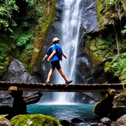 Caribbean Holidays, Dominica December, Hiker crossing a wooden footbridge beside a clear waterfall in Dominica&rsquo;s rainforest