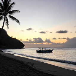 Caribbean Holidays, Dominica December Holidays, A quiet black-sand beach in Dominica at sunset, with gentle waves, palm trees and a small fishing boat