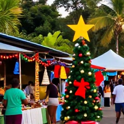 Caribbean Holidays, Dominica December Holidays, Colourful Caribbean Christmas decorations and local market stalls in Roseau, Dominica, with tropical greenery and warm afternoon light