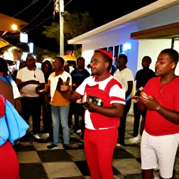 Caribbean Holidays, Dominica December Holidays, Dominican musicians performing traditional Christmas music in a lively Roseau street, with local residents enjoying the celebration