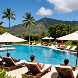 Caribbean Holidays, Dominica December Holidays, Guests relaxing beside a Caribbean all-inclusive resort pool in Dominica, with palm trees, tropical gardens and distant green hills