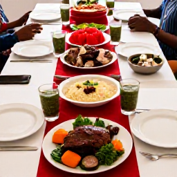 Caribbean Holidays, Dominica December Holidays, Traditional Dominican Christmas meal served on a family table, including roast meats, rice, vegetables, sorrel drink and festive desserts