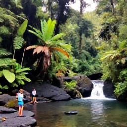 Caribbean Holidays, Dominica December Holidays, Visitors walking through Dominica rainforest beside a clear river and waterfall, with tropical plants, ferns and volcanic rocks