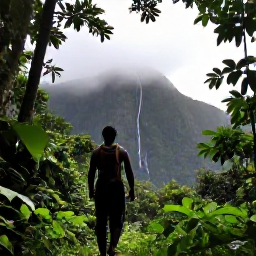 Caribbean Holidays, Dominica December Tours, A guided hike through Dominica's tropical rainforest leading towards a misty waterfall and volcanic mountain landscape