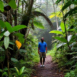 Caribbean Holidays, Dominica December Tours, A lush rainforest trail in Dominica with a friendly local guide, tropical foliage, and soft morning light