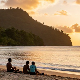 Caribbean Holidays, Dominica December Tours, Travellers relaxing at a peaceful Dominica beach at sunset, with rainforest-covered hills, calm sea, and warm golden light