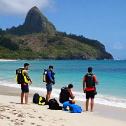 Caribbean Holidays, Dominica Diving April, Friendly scuba diving group preparing equipment beside a Caribbean beach in Dominica, with lush hills in the background