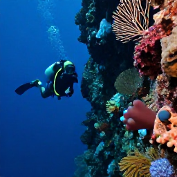 Caribbean Holidays, Dominica Diving April, Scuba diver swimming beside a steep volcanic wall covered in sponges, sea fans and colourful tropical fish in Dominica