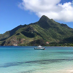 Caribbean Holidays, Dominica Diving April, Small dive boat approaching the calm coast near Scott&rsquo;s Head, Dominica, with lush green mountains and clear Caribbean water