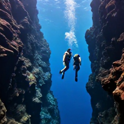 Caribbean Holidays, Dominica Diving February, Divers descending beside steep volcanic walls into clear blue Caribbean water off Dominica