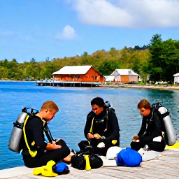 Caribbean Holidays, Dominica Diving February, Friendly scuba divers preparing equipment beside a traditional Caribbean harbour in Dominica