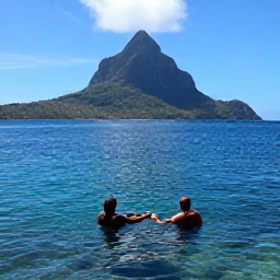 Caribbean Holidays, Dominica Diving July, Divers relaxing after a reef dive with Dominica's green mountainous coastline in the background