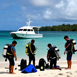 Caribbean Holidays, Dominica Diving July, Small group of scuba divers preparing equipment beside a dive boat in a peaceful Caribbean bay on Dominica