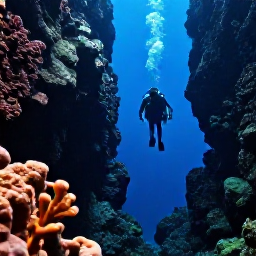 Caribbean Holidays, Dominica Diving June, Diver descending beside dramatic volcanic reef walls and sponges at Champagne Reef, Dominica
