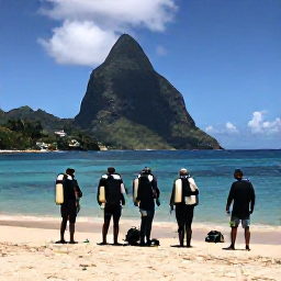 Caribbean Holidays, Dominica Diving June, Friendly scuba diving group preparing equipment beside a tropical bay on Dominica